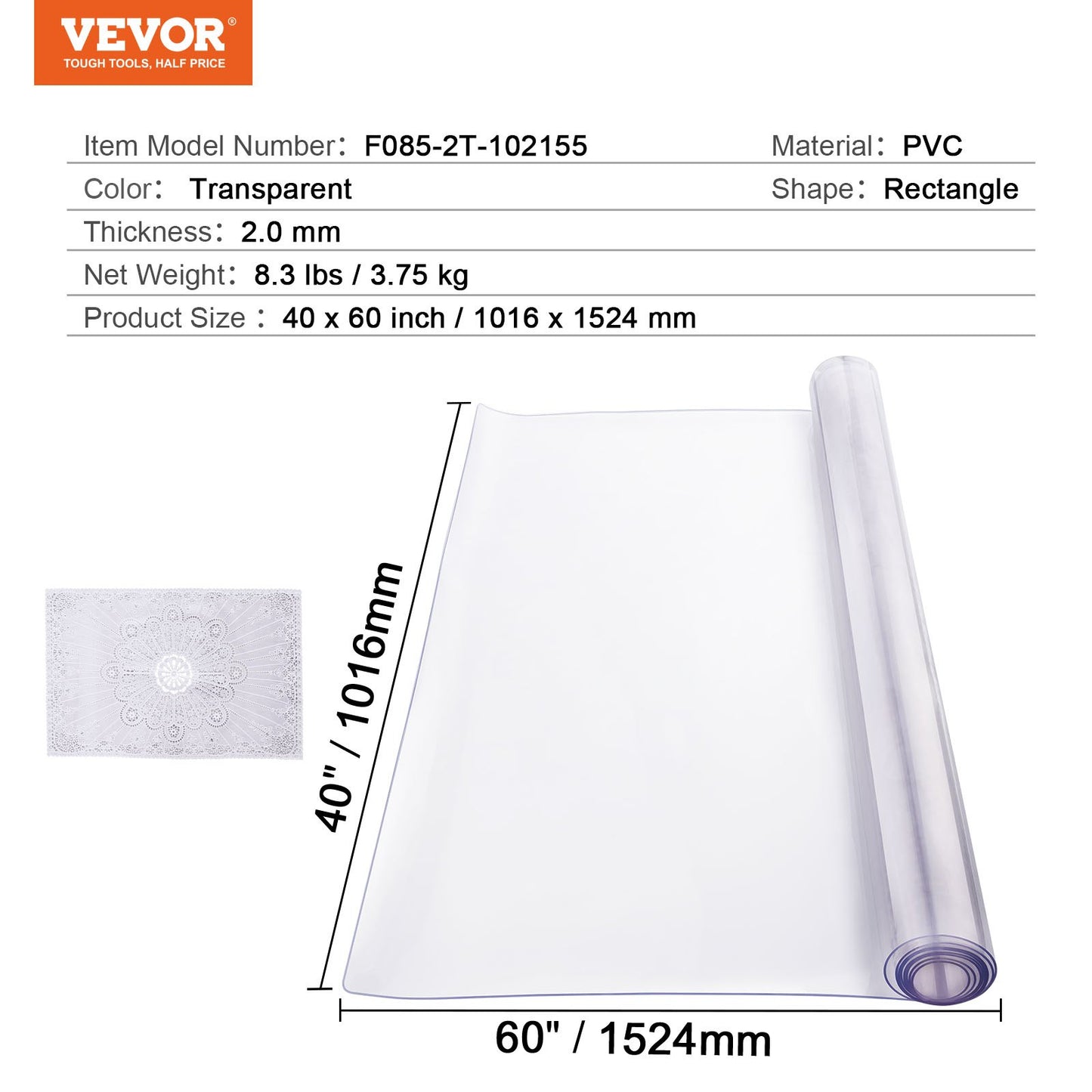 PVC bordsskydd 40x60 tum Klart plast skrivbordsskydd 2,0 mm tjockt