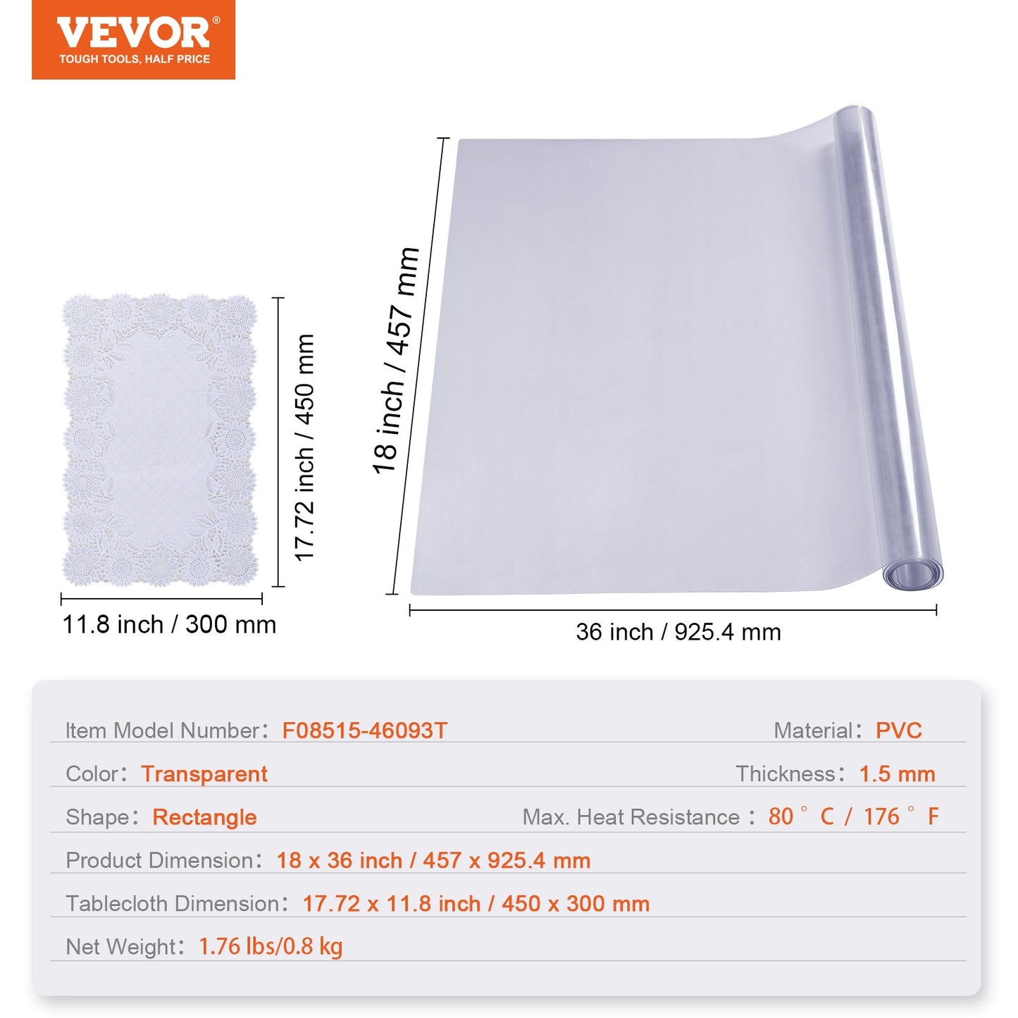 Klart bordsskydd, 18" x 36" rektangelbordsöverdrag, 1,5 mm tjock PVC-plastduk, vattentätt skrivbordsskydd för skrivbord, soffbord, matsalsbord