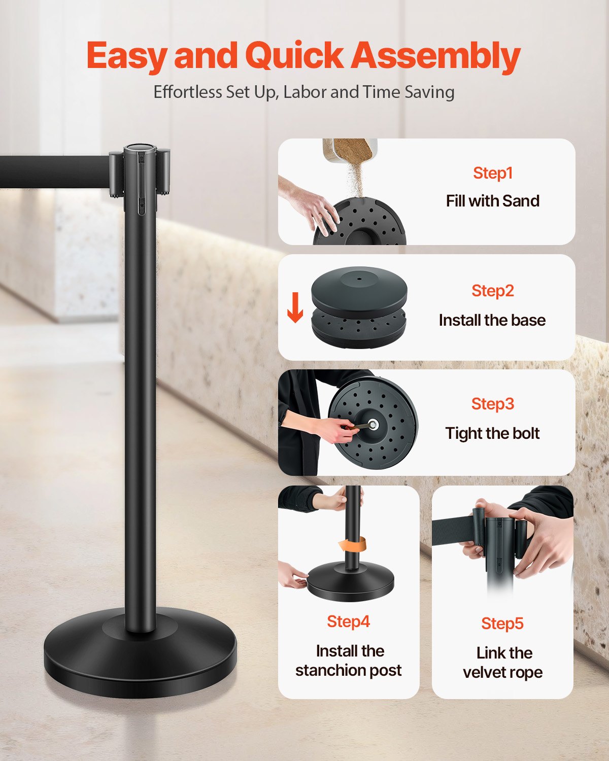 4 support posts with 4 retractable belts and hollow base for sand injection