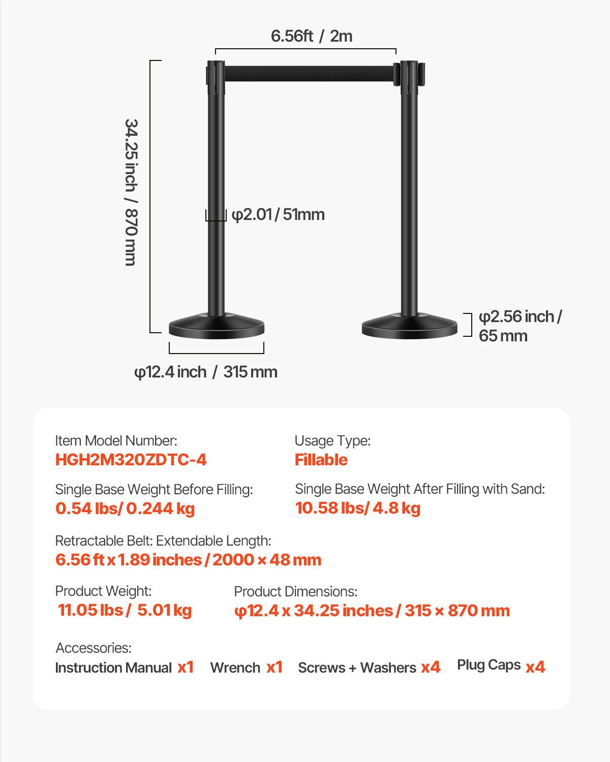 4 support posts with 4 retractable belts and hollow base for sand injection