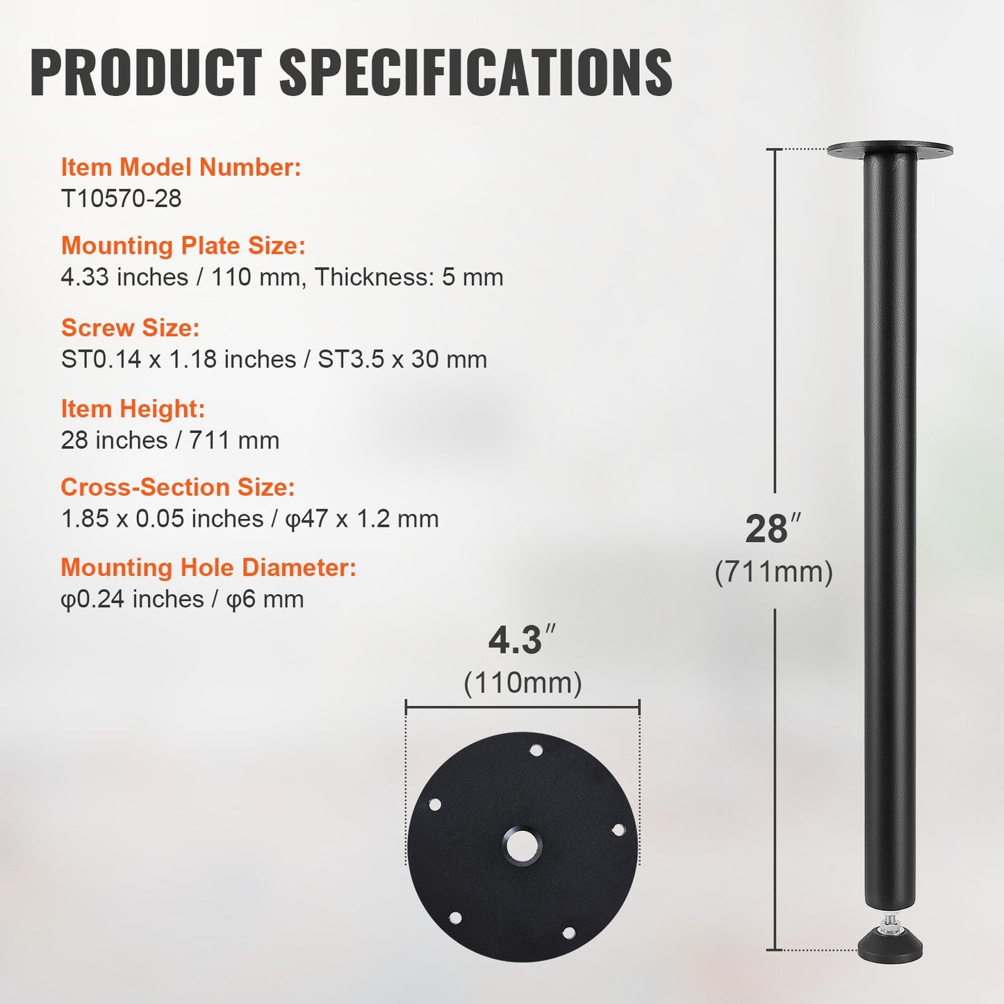 711,2 MM justerbara skrivbordsben, förstärkt stål kontorsbordsmöbelben Set med 4 för gör-det-själv, 544,3 KG Lastkapacitet Heavy Duty skrivbordsben, snabbinstallationsben med justerbar fotkopp Svart