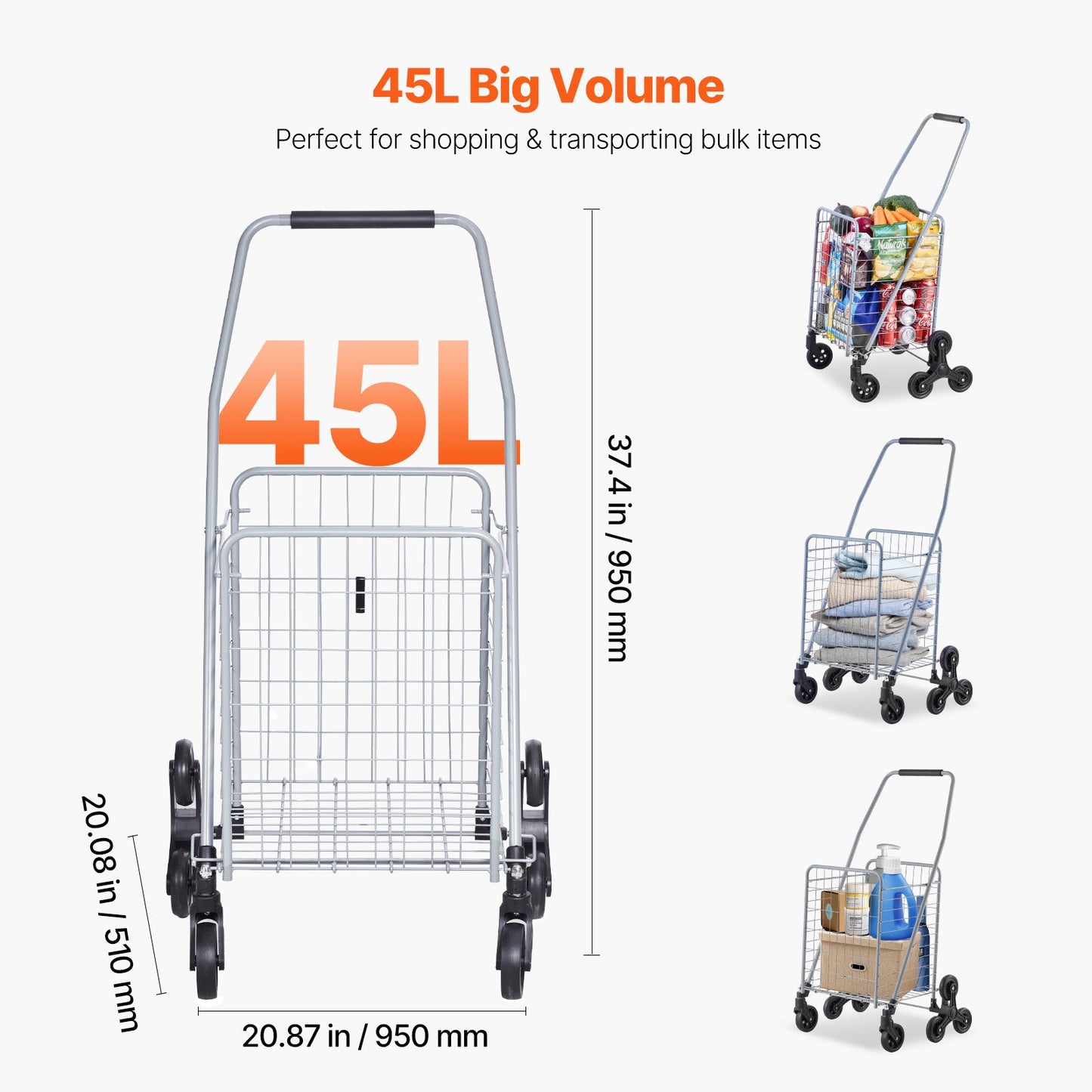 Stair climbing trolley Foldable shopping trolley 45L with stair climbing wheels