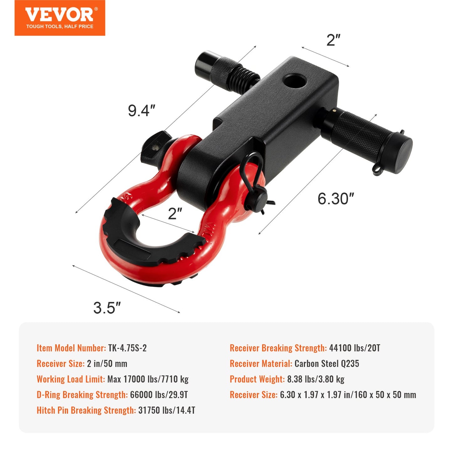 2" Trailer Shackle Hitch Mottagare D-Ring Recovery för Truck Jeep 66000 lbs