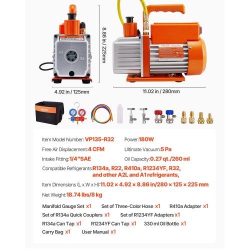 115 L/min AC vakuumpump och mätarsats, enstegs, roterande lamell HVAC luftvakuumpump, A/C köldmediumgrenrörsmätarsats, med läckagedetektor, bärväska, för R134a R22 R410a R1234YF köldmedium | EU