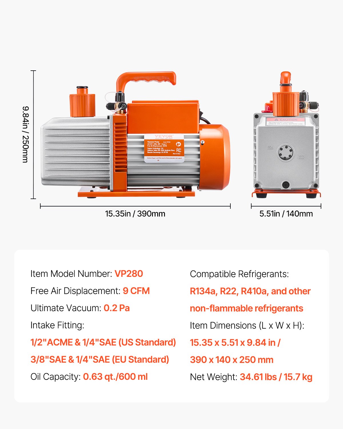 Vakuumpumpe 9 CFM HVAC 2-stufige Drehschieber-Vakuumpumpe, Öl enthalten
