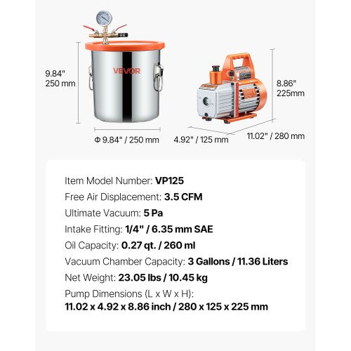 110L/min Enstegsvakuumpump 11,36L avgasningskammare i rostfritt stål