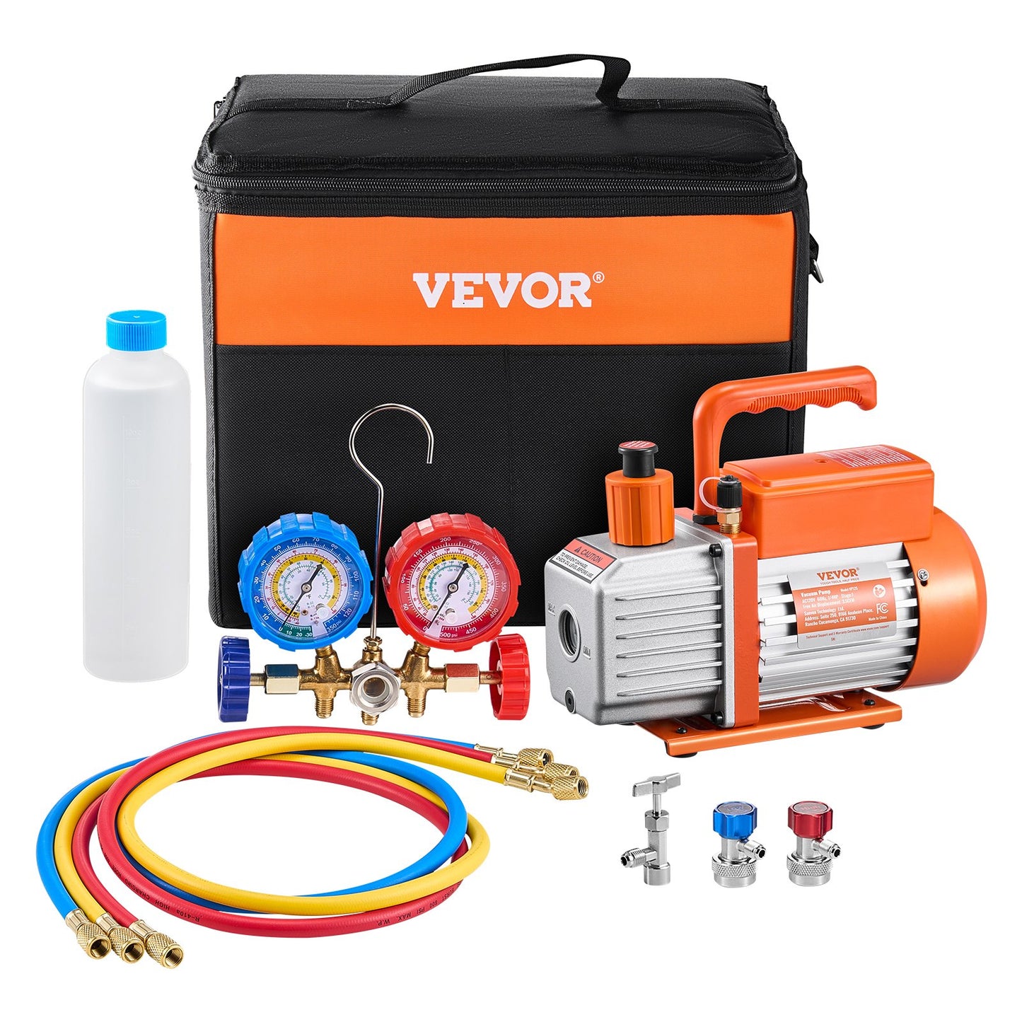 3,5 CFM HVAC einstufige Drehschieber-Vakuumpumpe und Verteiler-Messkit, kompatibel mit den Kältemitteln R134a, R22, R12 und R502