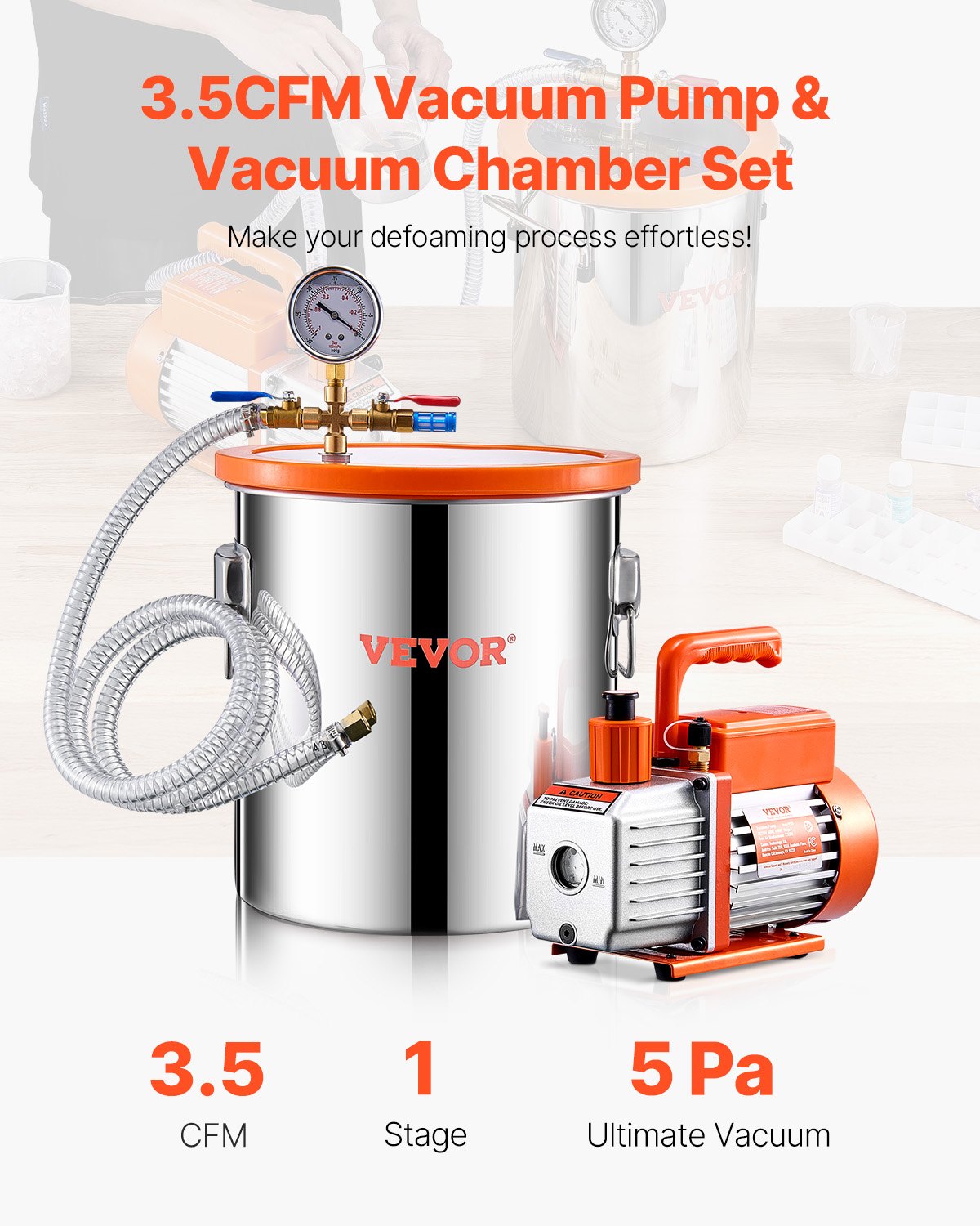 5 gallon vakuumkammare 3.5CFM enstegs pumpavgasningskammaresats