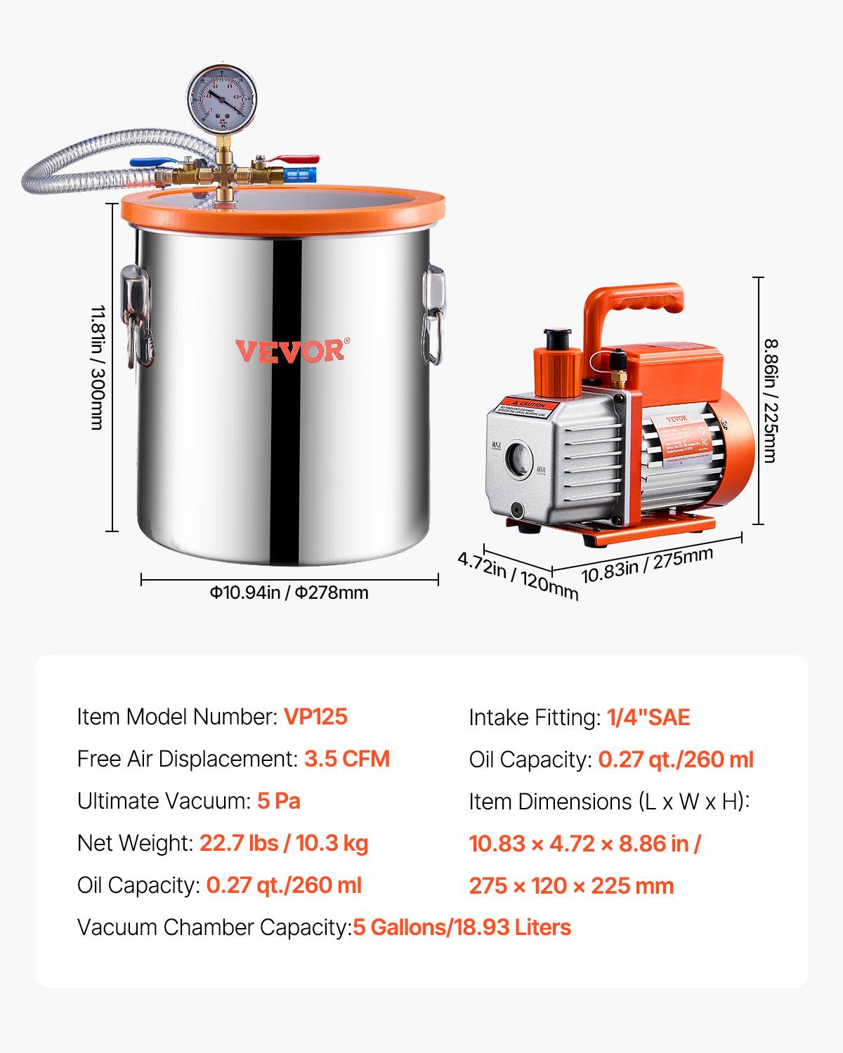 5 gallon vakuumkammare 3.5CFM enstegs pumpavgasningskammaresats