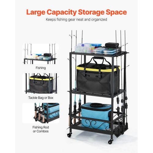 10-Pole Fishing Rod Holder Fishing Rack Garage Wheel Cart Organizer
