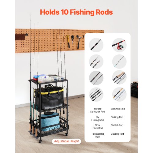 10-Pole Fishing Rod Holder Fishing Rack Garage Wheel Cart Organizer