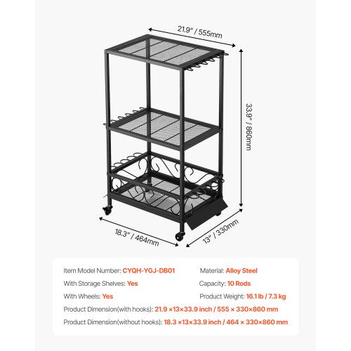 10-Pole Fishing Rod Holder Fishing Rack Garage Wheel Cart Organizer