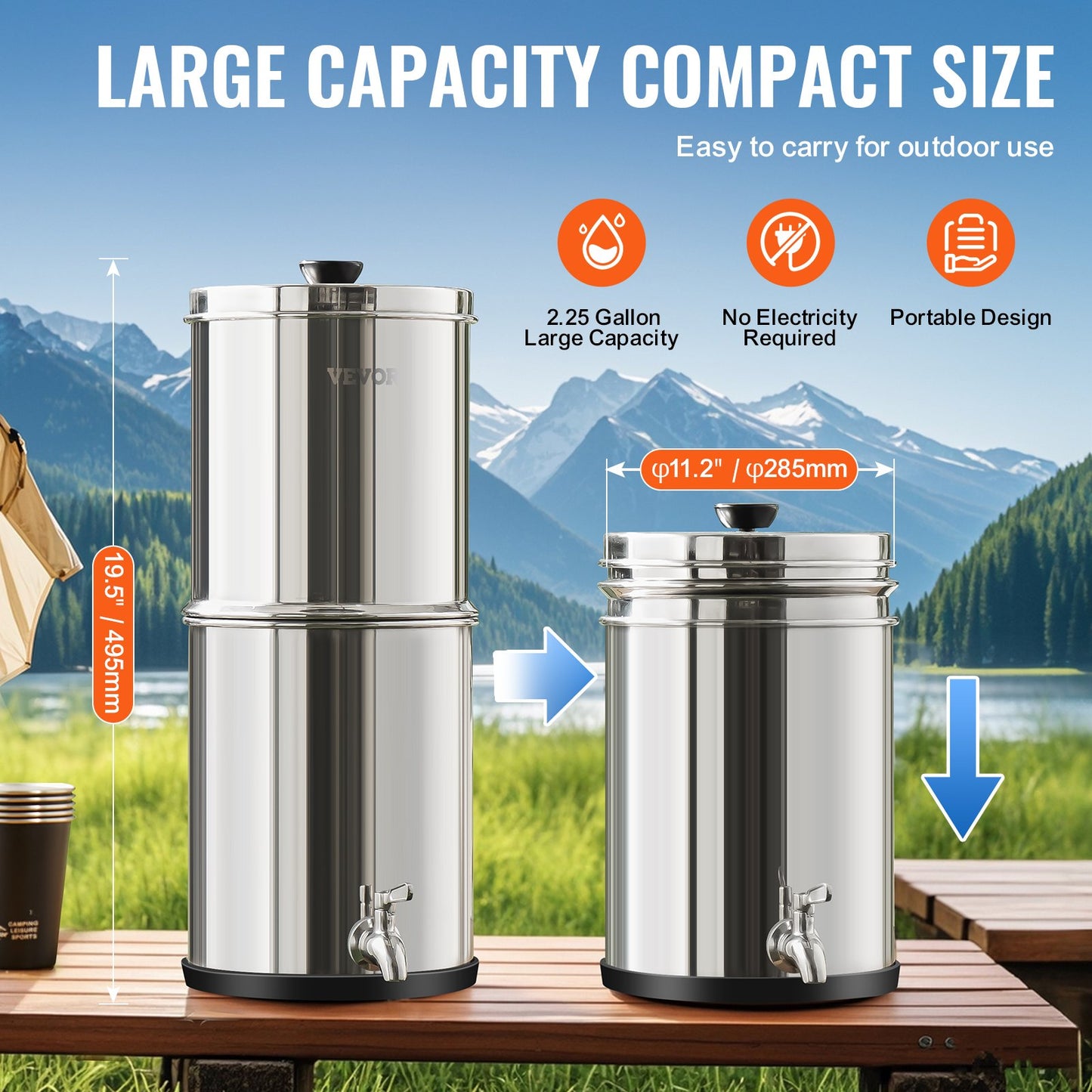 2.25G Gravity-matat vattenfilter bänkskivasystem rostfritt stål 2 filter