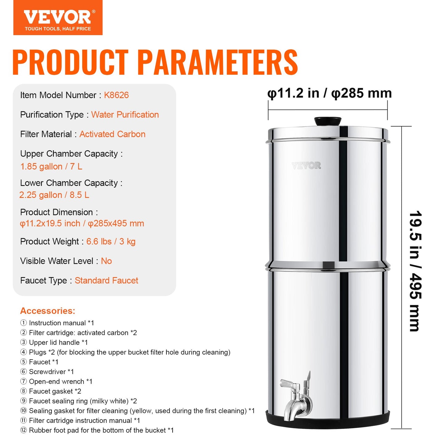 2.25G Gravity-matat vattenfilter bänkskivasystem rostfritt stål 2 filter