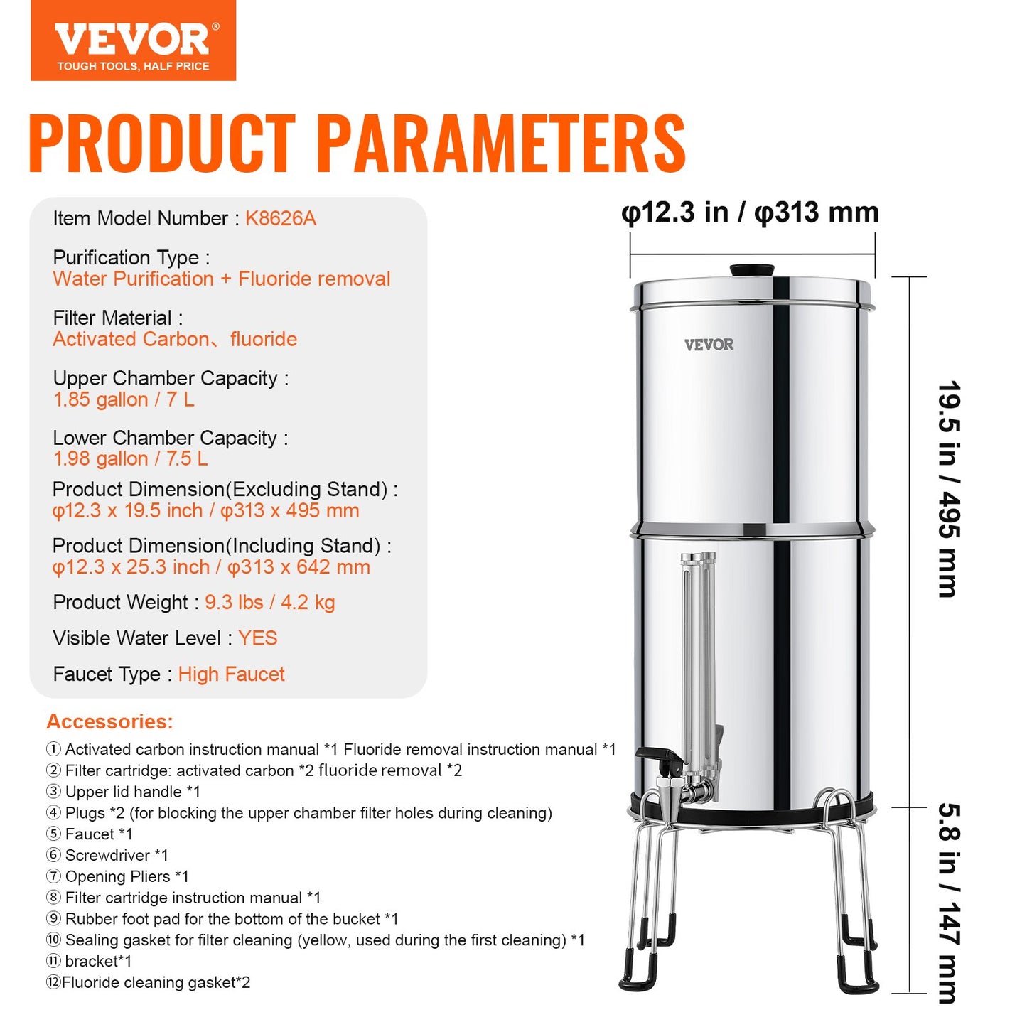 2.25G Gravity-matat vattenfilter bänkskivasystem rostfritt stål 4 filter