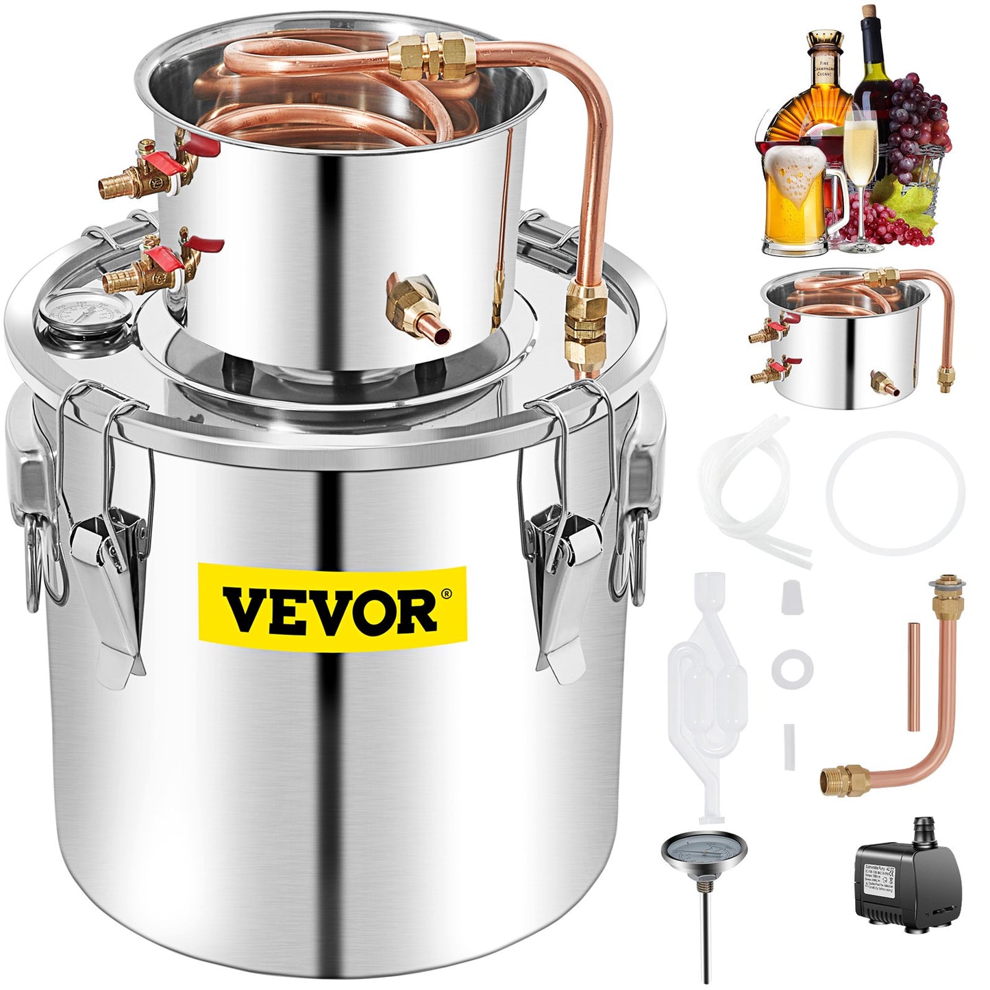 Alkoholdestille, 50 l Edelstahl-Wasseralkoholdestillieranlage mit Kondensator, 13,2-Gallonen-Weindestille mit Kupferrohr, Heimbrauset mit eingebautem Thermometer