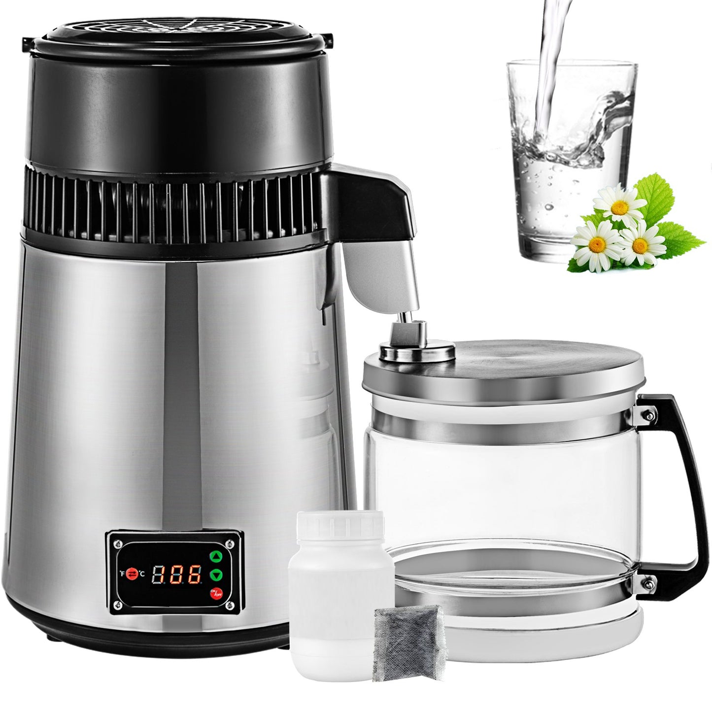 Silbernes Wasserdestilliergerät, 750 W, Wasserdestilliergerät mit einstellbarer Temperatur, 4 l, Weinherstellungsset, Brauset, Innendestilliergerät aus Edelstahl mit einstellbarer Temperatur für die Küche zu Hause