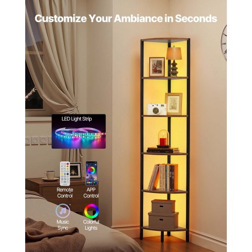 6-tier corner shelf tall corner rack with LED light narrow display shelf