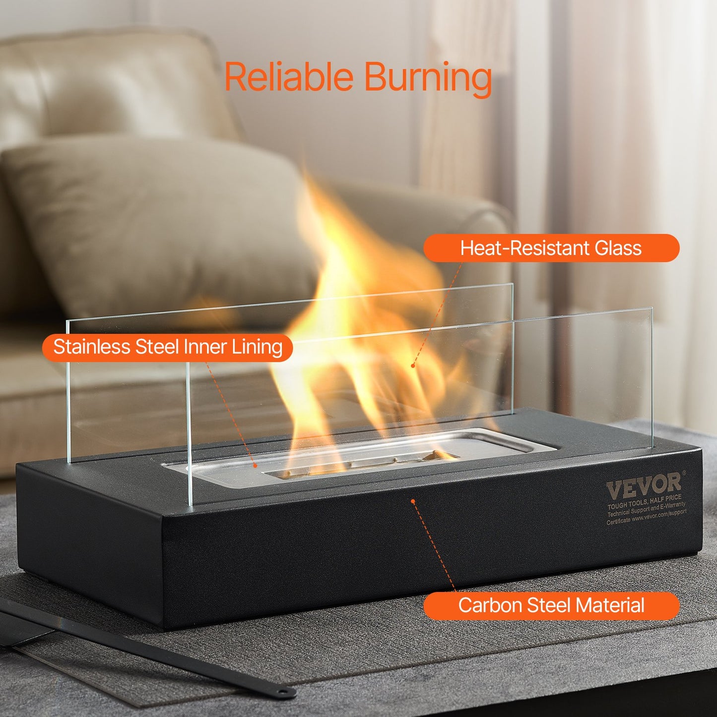 Tabletop Fire Pit 14 Inch Metal Fireplace Indoor Outdoor with Glass