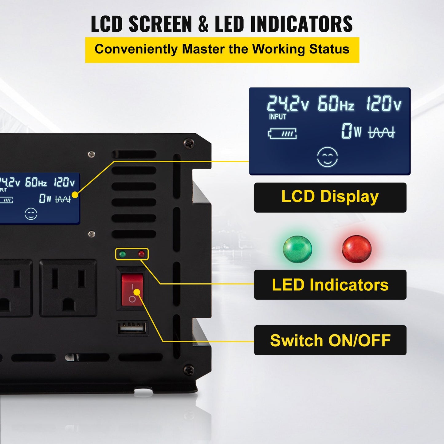 Power Inverter Modifierad Sine Wave Inverter 2000W DC 12V till AC 120V m/LCD