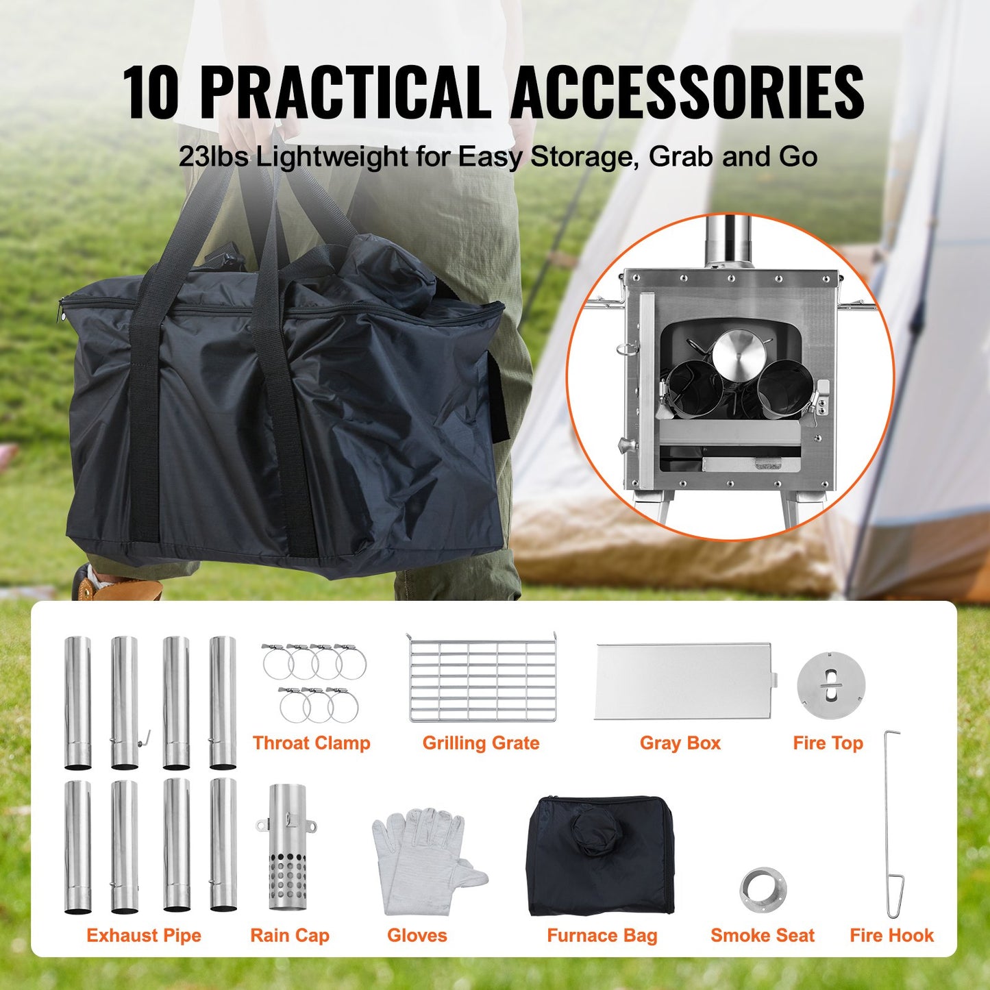 Wood Stove, 86 Inch, Stainless Steel Camping Tent Stove, Portable Wood Burning Stove with Chimney Pipe and Gloves, 3000in³Firebox Hot Tent Stove for Outdoor Cooking and Heating with 8 Pipes