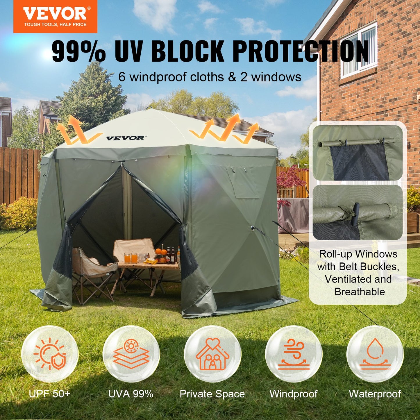 Pop Up Gazebo Tent Pop-Up Screen Tent 6-Sided Canopy Sun Shelter Green