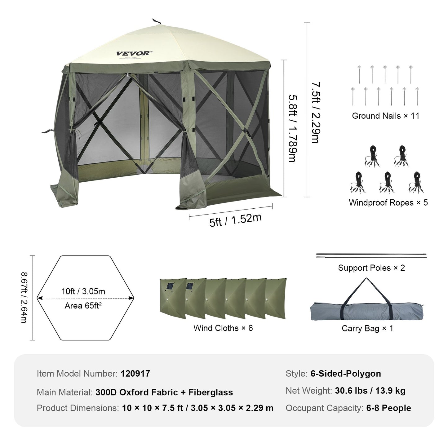 Pop Up Gazebo Tent Pop-Up Screen Tent 6-Sided Canopy Sun Shelter Green