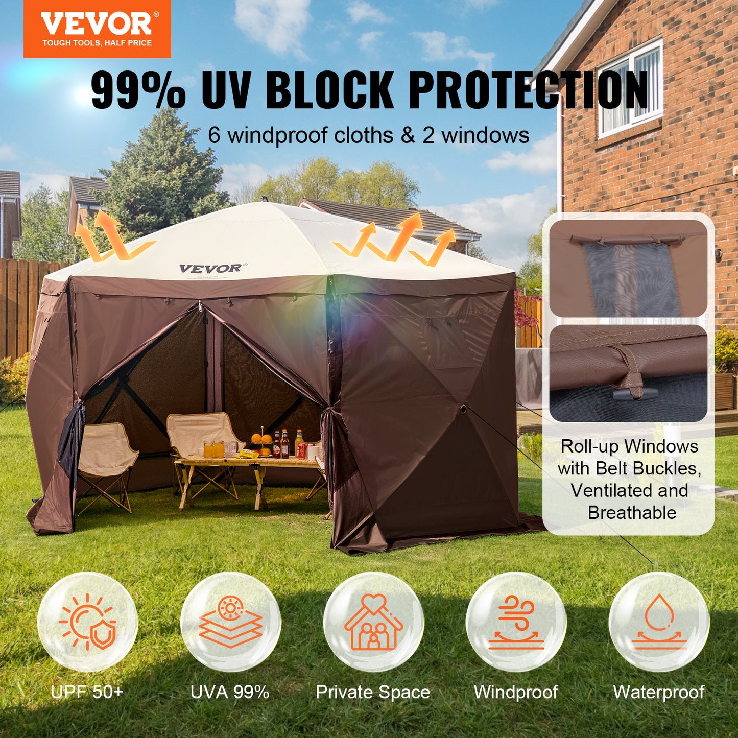 Pop Up Gazebo Tält Pop-Up Screen Tält 6-sidigt skärmtak Sun Shelter Brun