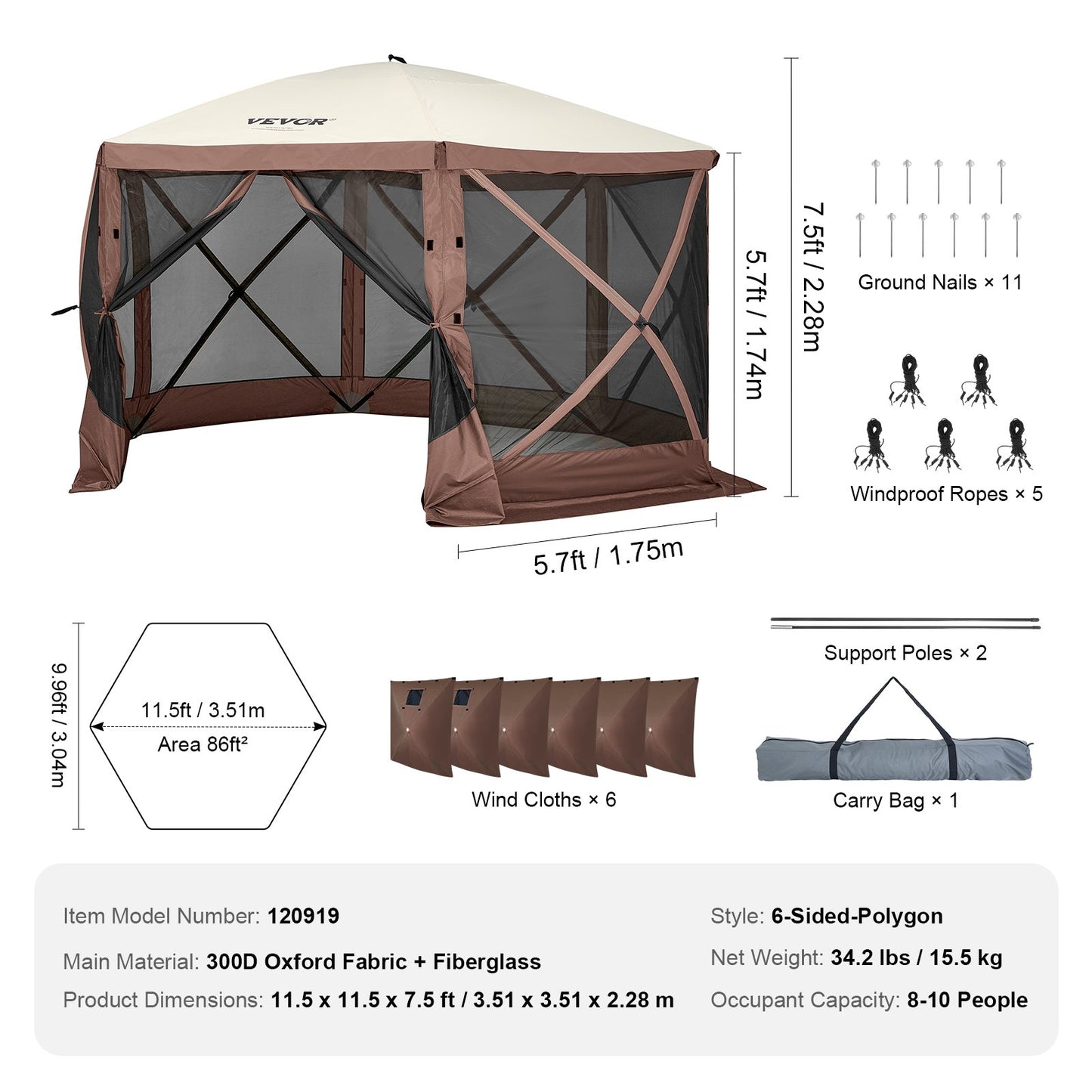 Pop Up Gazebo Tält Pop-Up Screen Tält 6-sidigt skärmtak Sun Shelter Brun