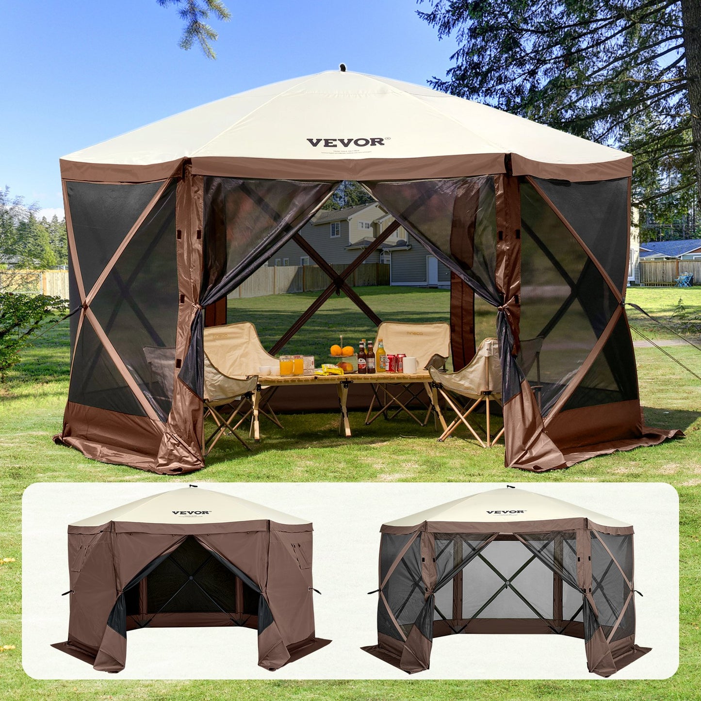 Pop Up Gazebo Tält Pop-Up Screen Tält 6-sidigt skärmtak Sun Shelter Brun