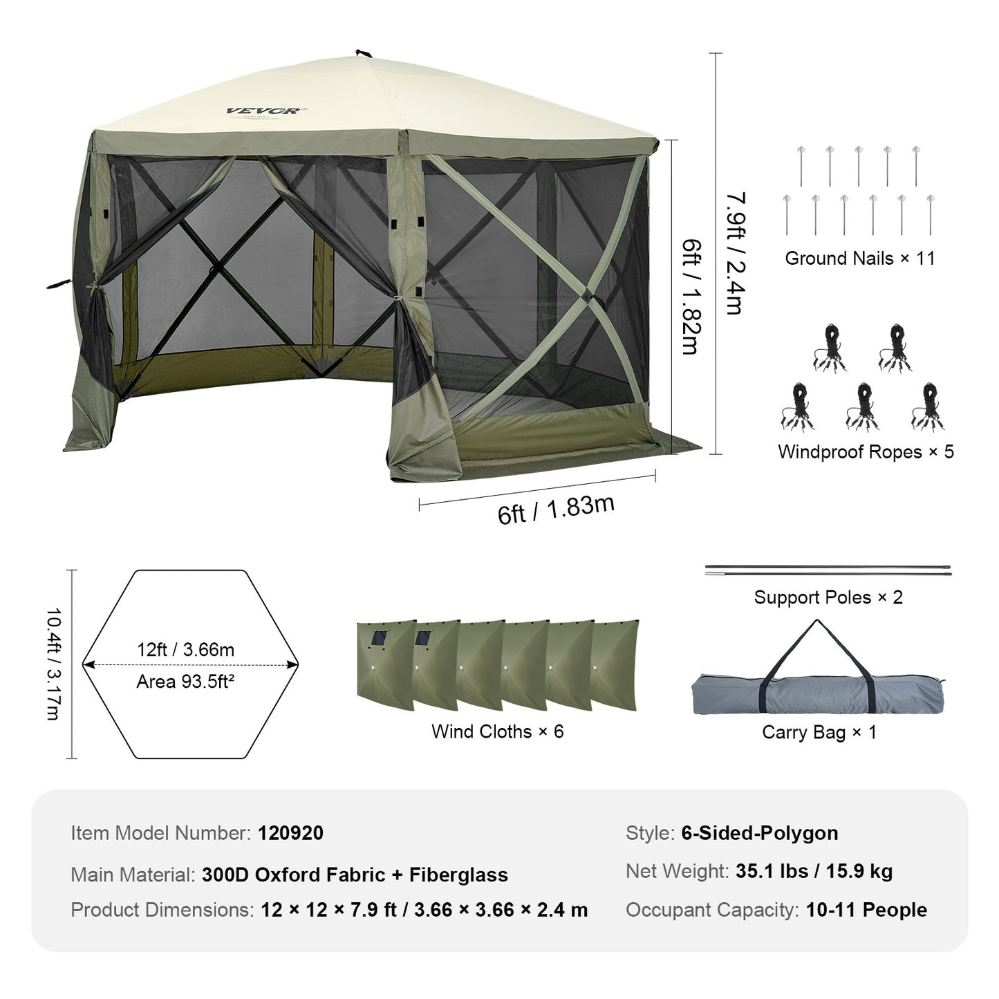 Pop Up Gazebo Tent Pop-Up Screen Tent 6-Sided Canopy Sun Shelter Green