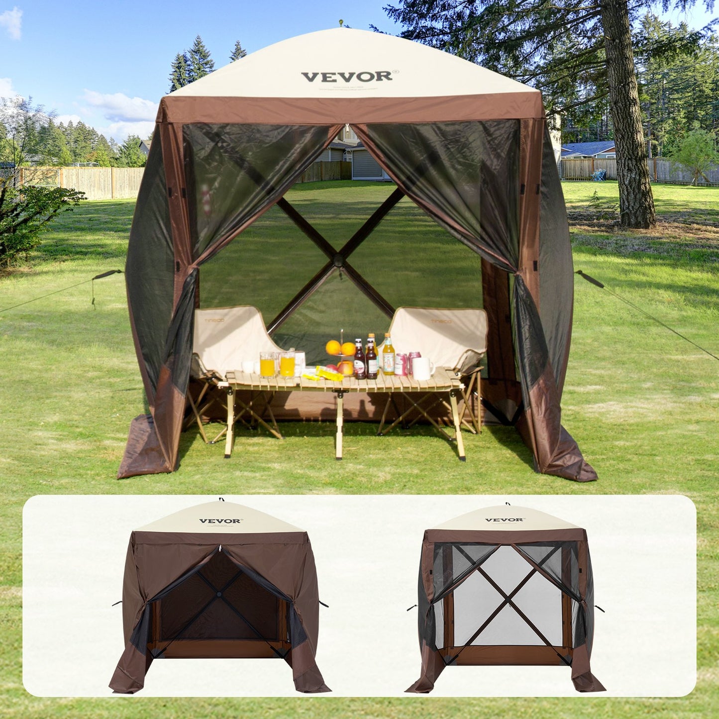 Pop Up Gazebo Tent Pop-Up Screen Tent 4-Sided Canopy Sun Shelter Brown