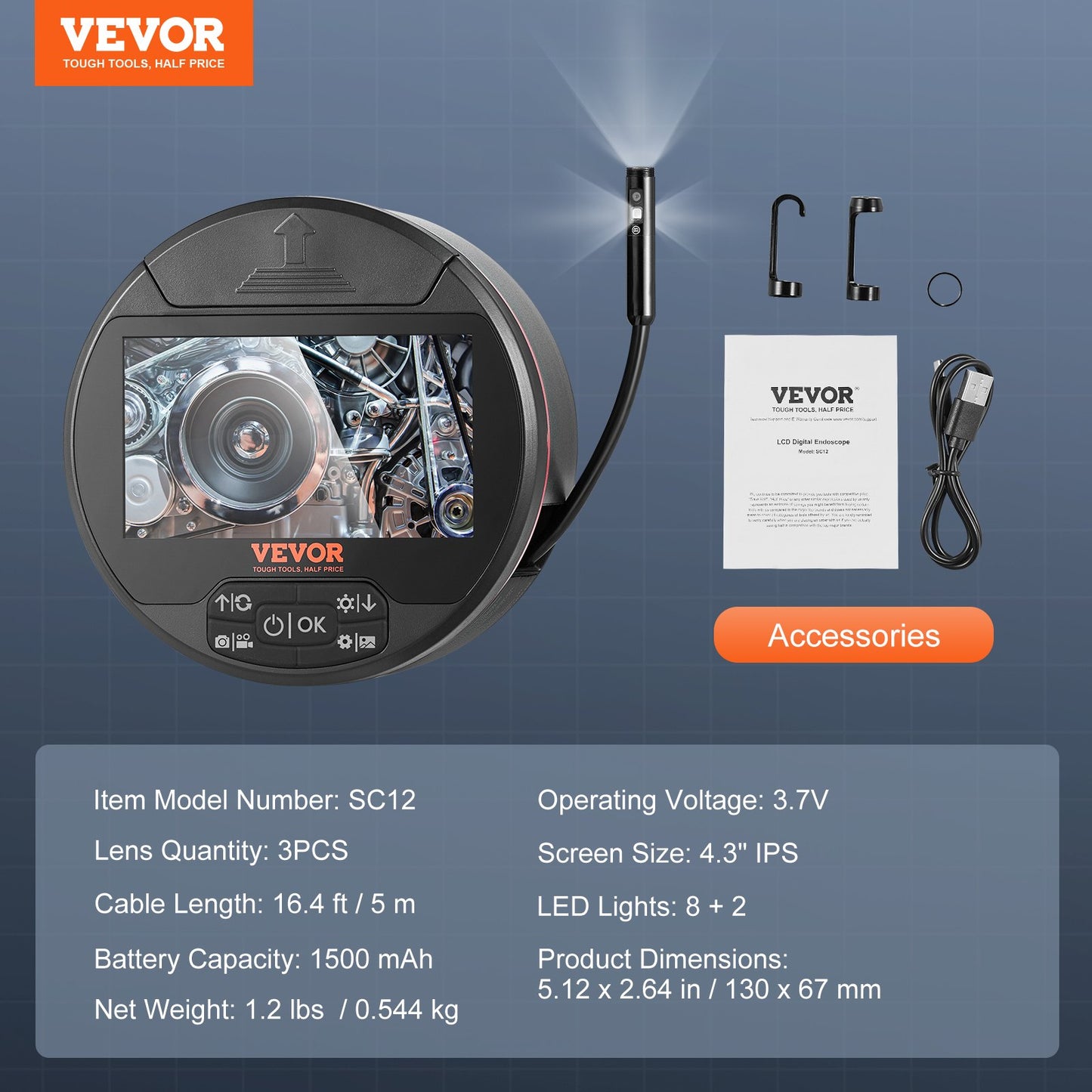 Borescope endoskopkamera med tre linser med 4,3" IPS-skärm 8 + 2 lampor