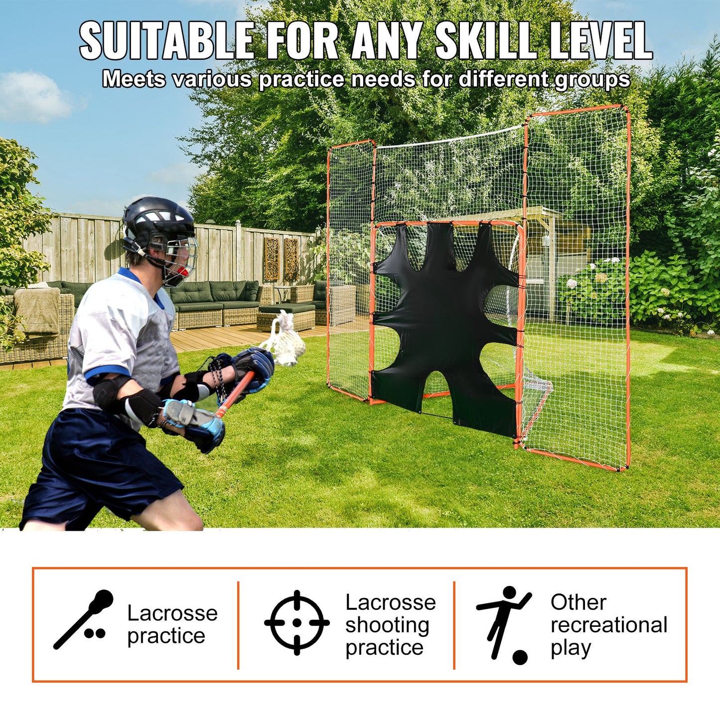 3-IN-1 Lacrosse-mål med ryggstopp och mål, 12' x 9'' Lacrosse-nät, Steel Frame Backyard Lacrosse Rebounder-utrustning, Snabb och enkel installation träningsnät, perfekt för ungdomsträning, orange