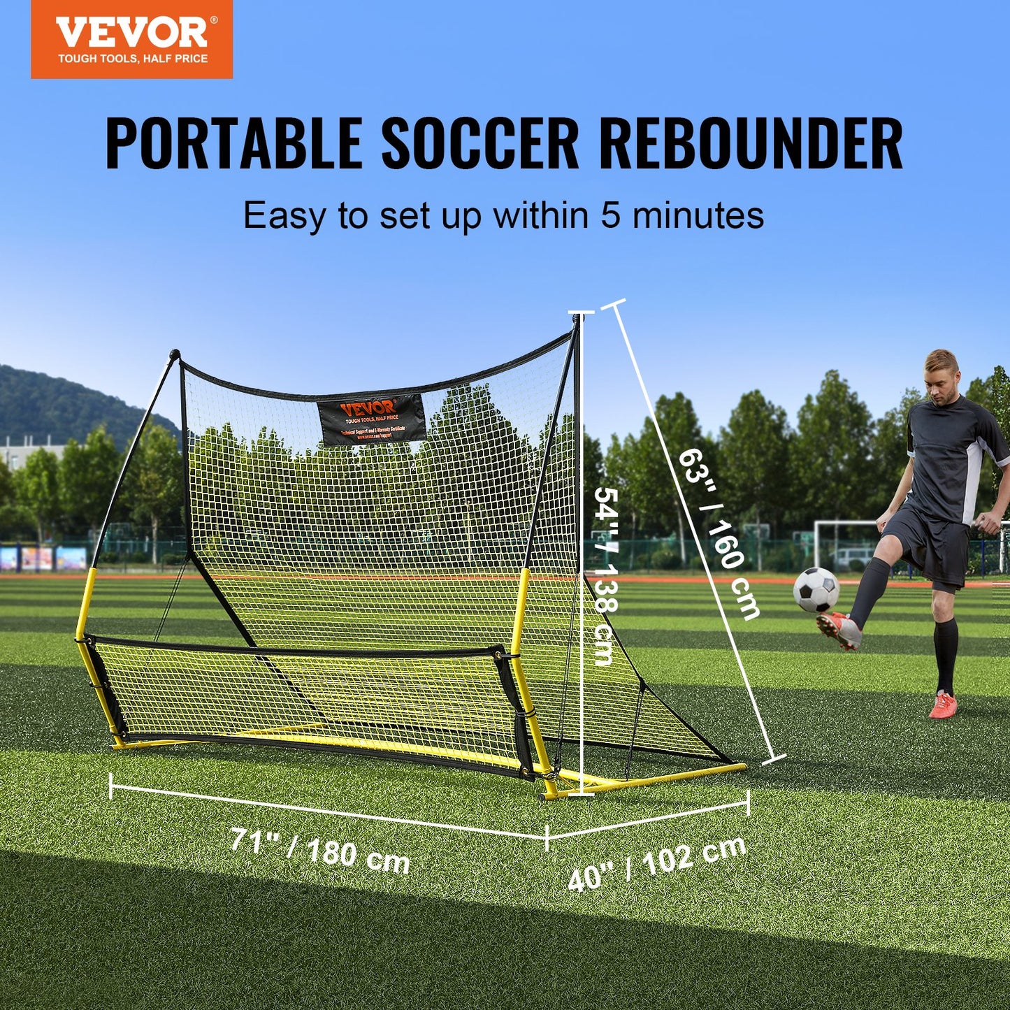 Fotbollstränare, 2-I-1 bärbart fotbollsrebounder-nät, 72"x51" järnfotbollsträningsutrustning, sportfotbollsreboundervägg med bärbar väska, perfekt för lagsoloträning, passningar, volley