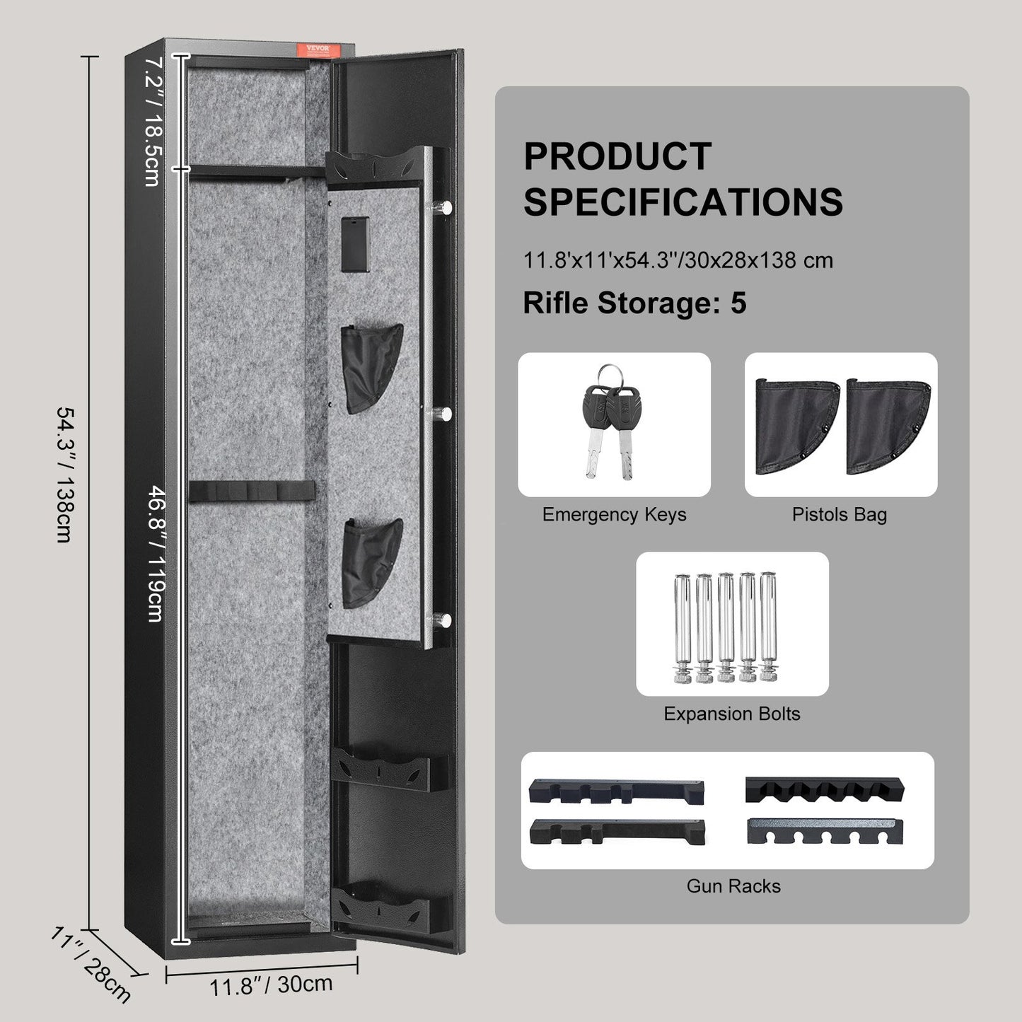 Gun Safe Rifle Safe med fingeravtryckslås för 5 gevär och 4 pistoler