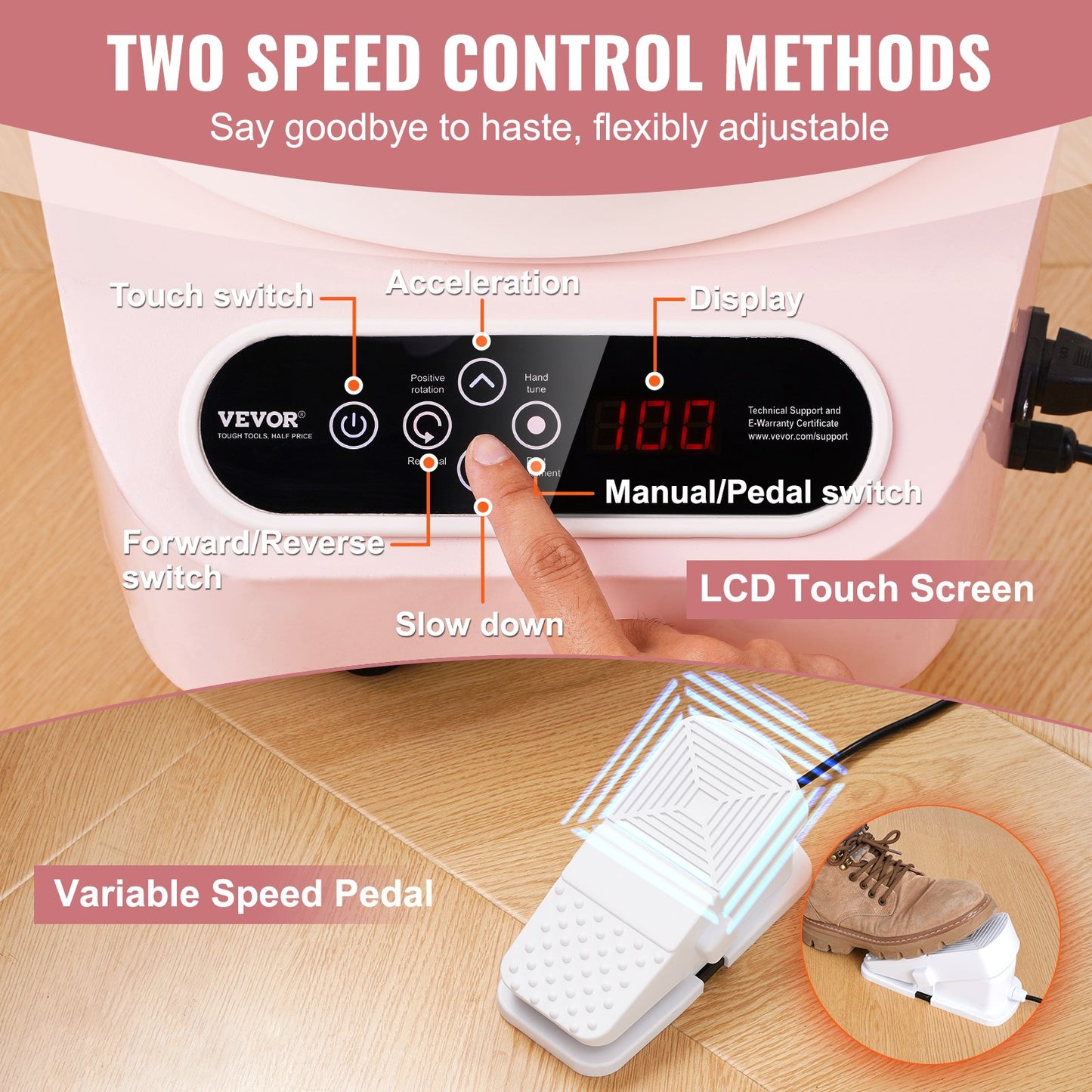 Töpferscheibe, 10 Zoll, Keramikrad, Fußpedal, Touchscreen, 350 W, 3 Beine, Rosa
