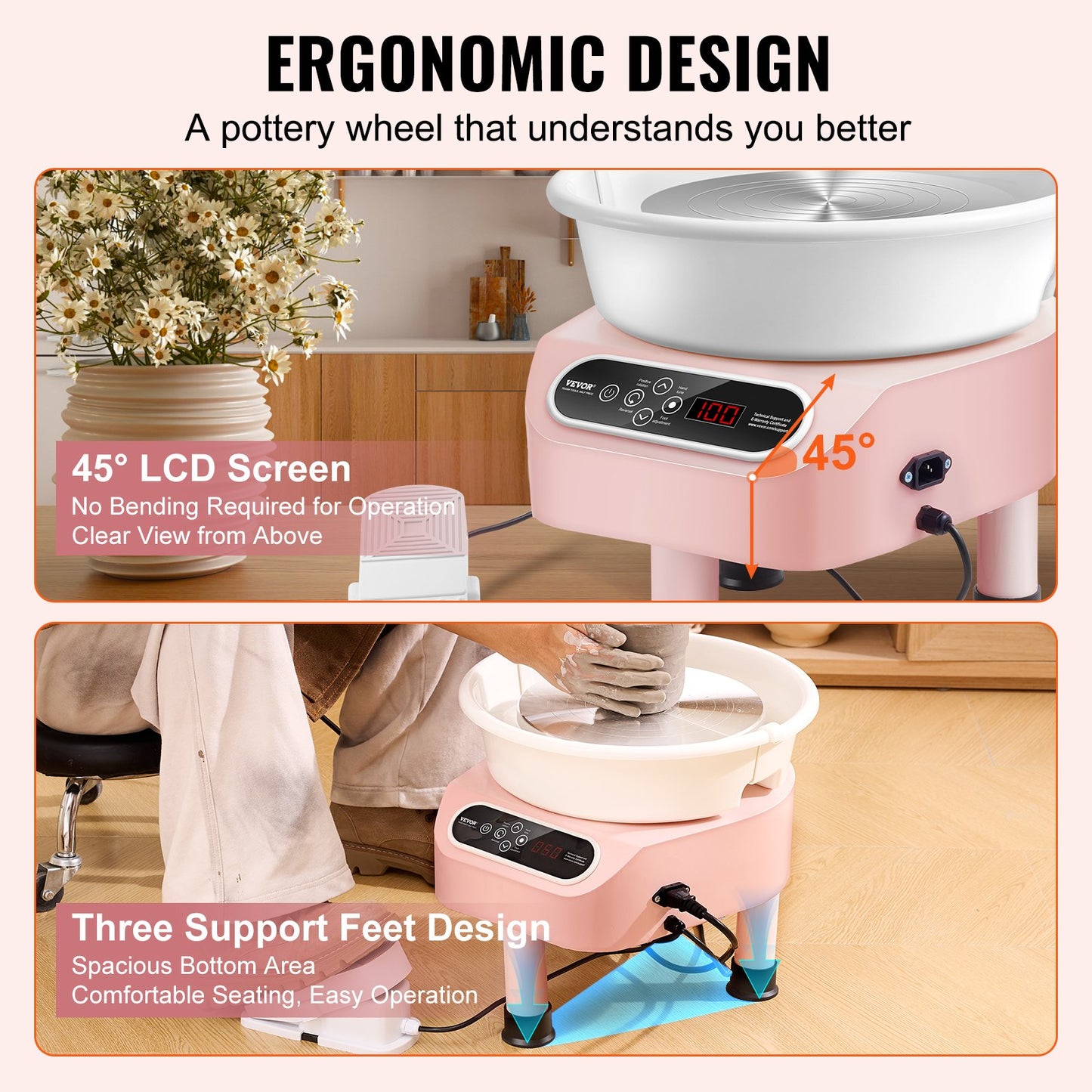 Töpferscheibe, 10 Zoll, Keramikrad, Fußpedal, Touchscreen, 350 W, 3 Beine, Rosa