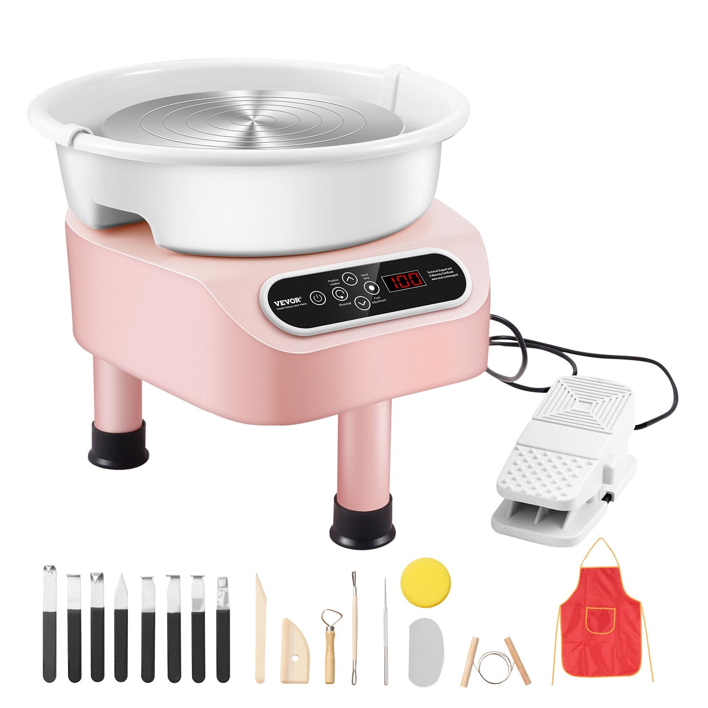 Töpferscheibe, 10 Zoll, Keramikrad, Fußpedal, Touchscreen, 350 W, 3 Beine, Rosa
