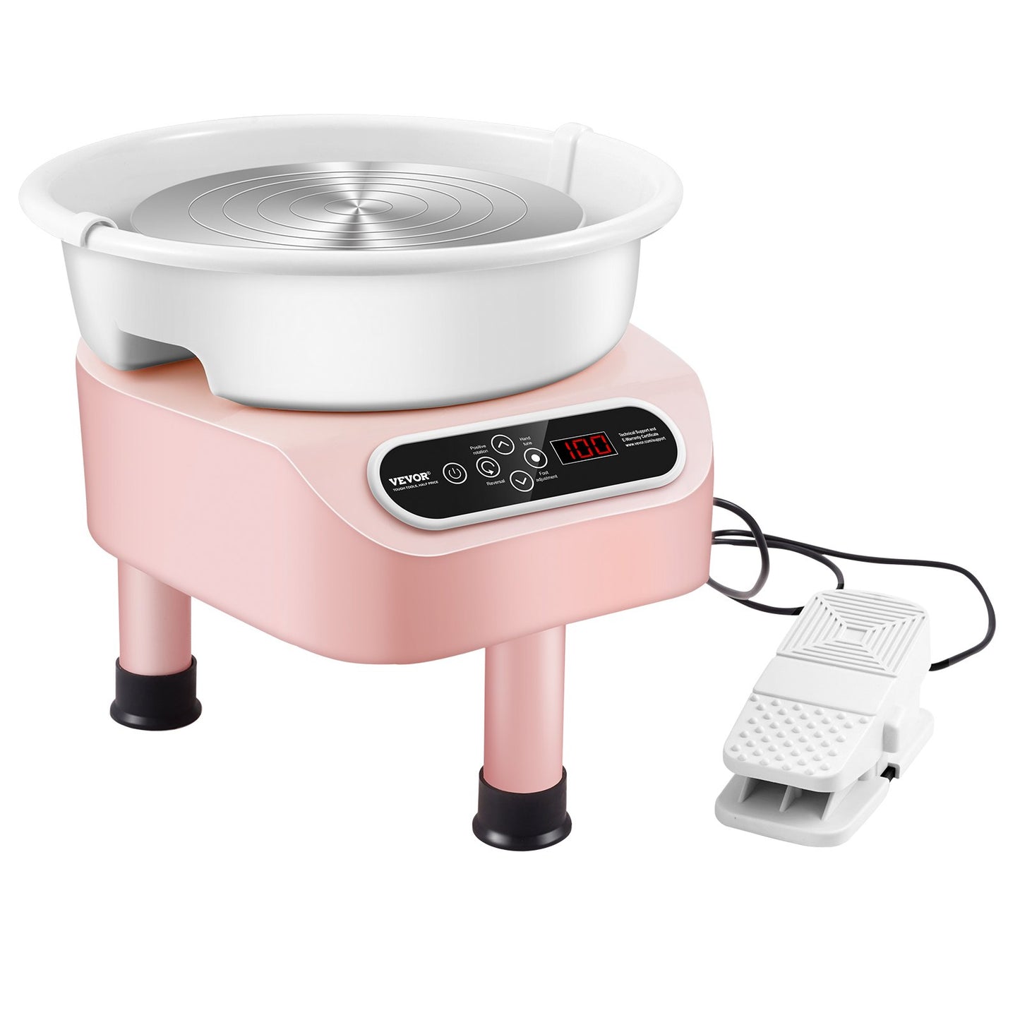 Töpferscheibe, 10 Zoll, Keramikrad, Fußpedal, Touchscreen, 350 W, 3 Beine, Rosa