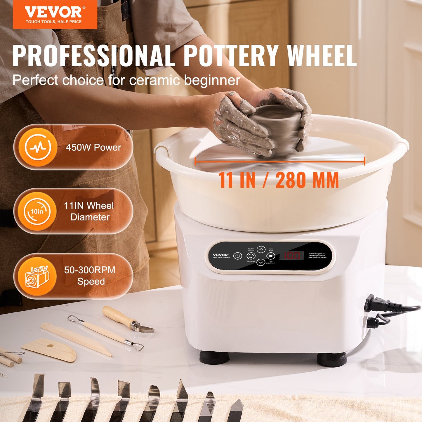 Pottery Wheel 11in Ceramic Wheel Foot Pedal Touch Screen Apron 450W White