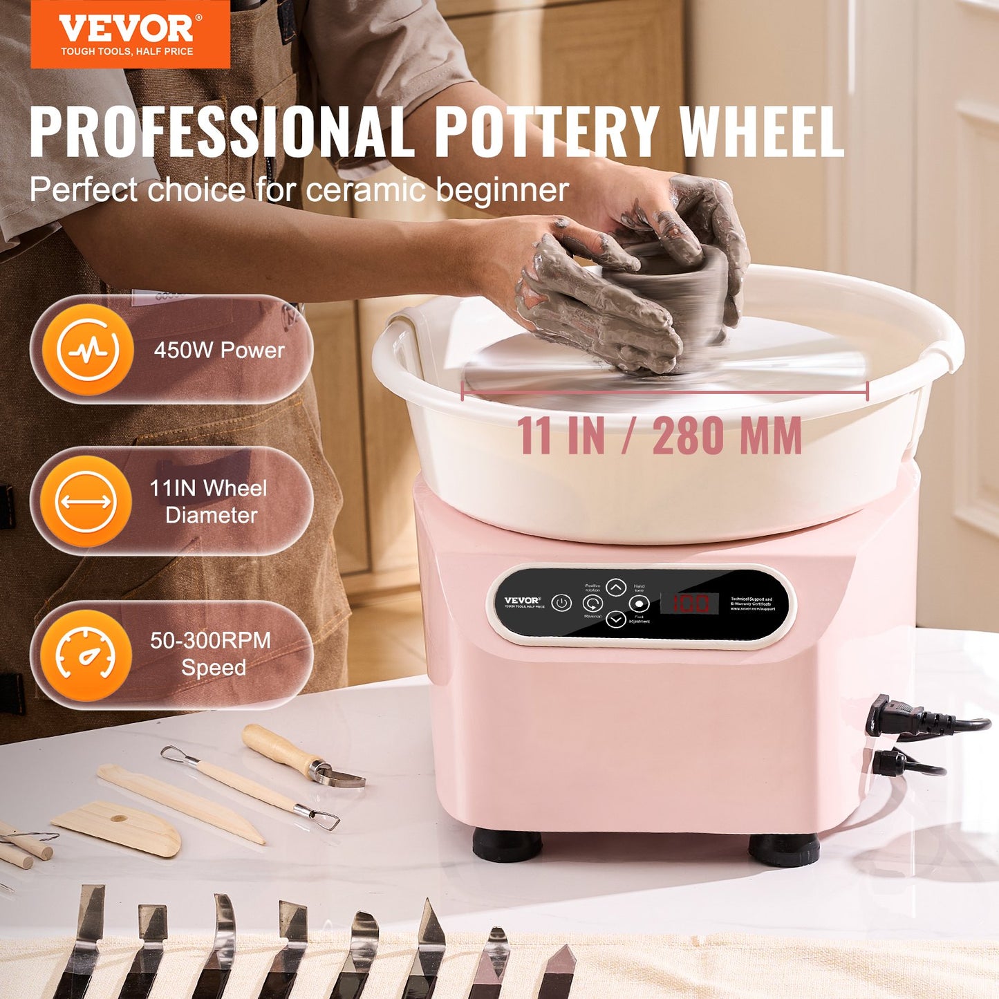 Pottery Wheel 11in Keramisk Wheel Fotpedal Pekskärmsförkläde 450W Rosa