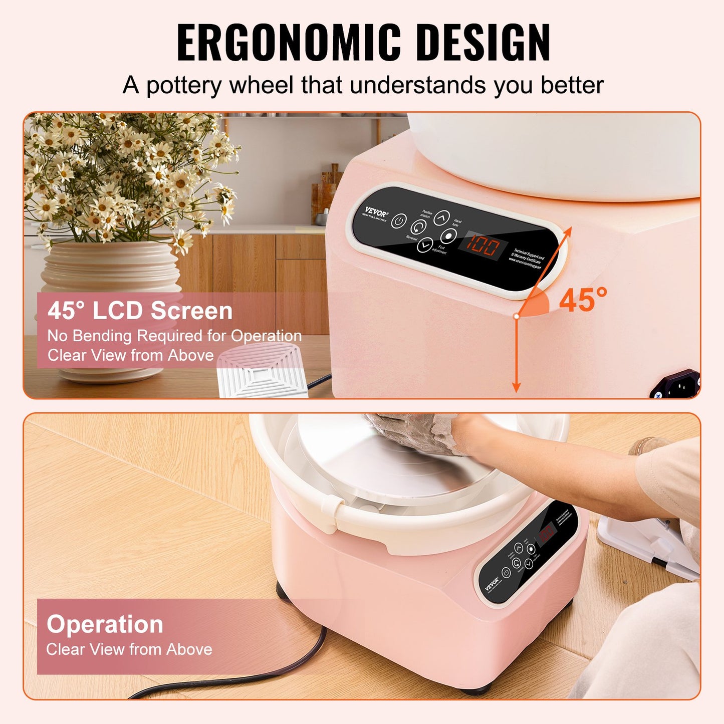 Pottery Wheel 11in Keramisk Wheel Fotpedal Pekskärmsförkläde 450W Rosa
