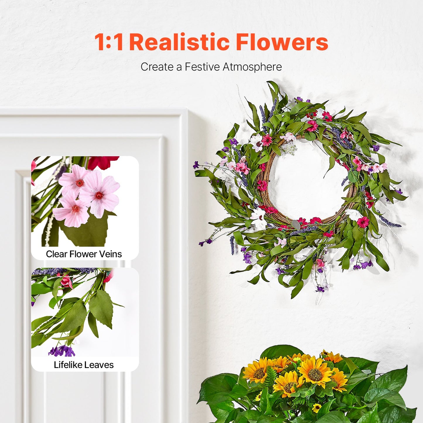 Artificial decorative wreath 22 in pink green daisies year round wreath