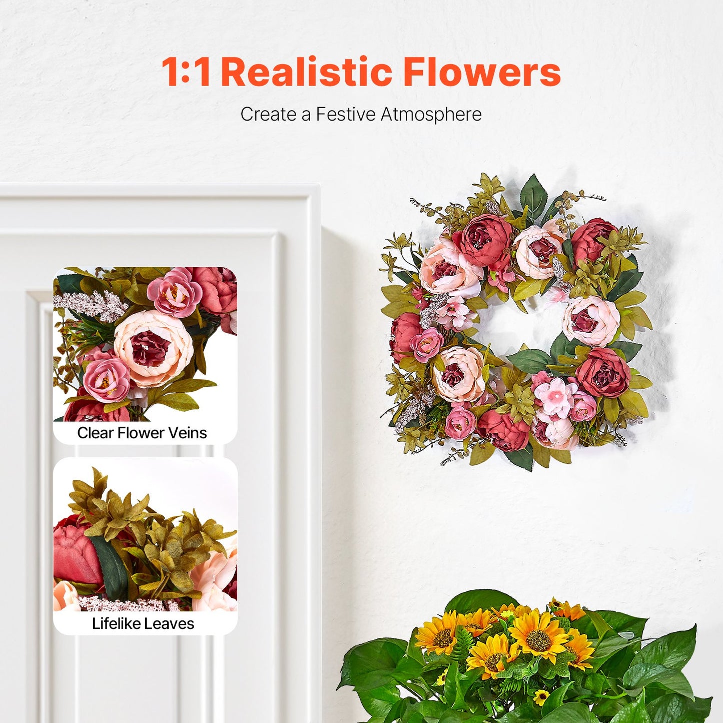 Artificial decorative wreath 19 in pink peonies hydrangeas all year round