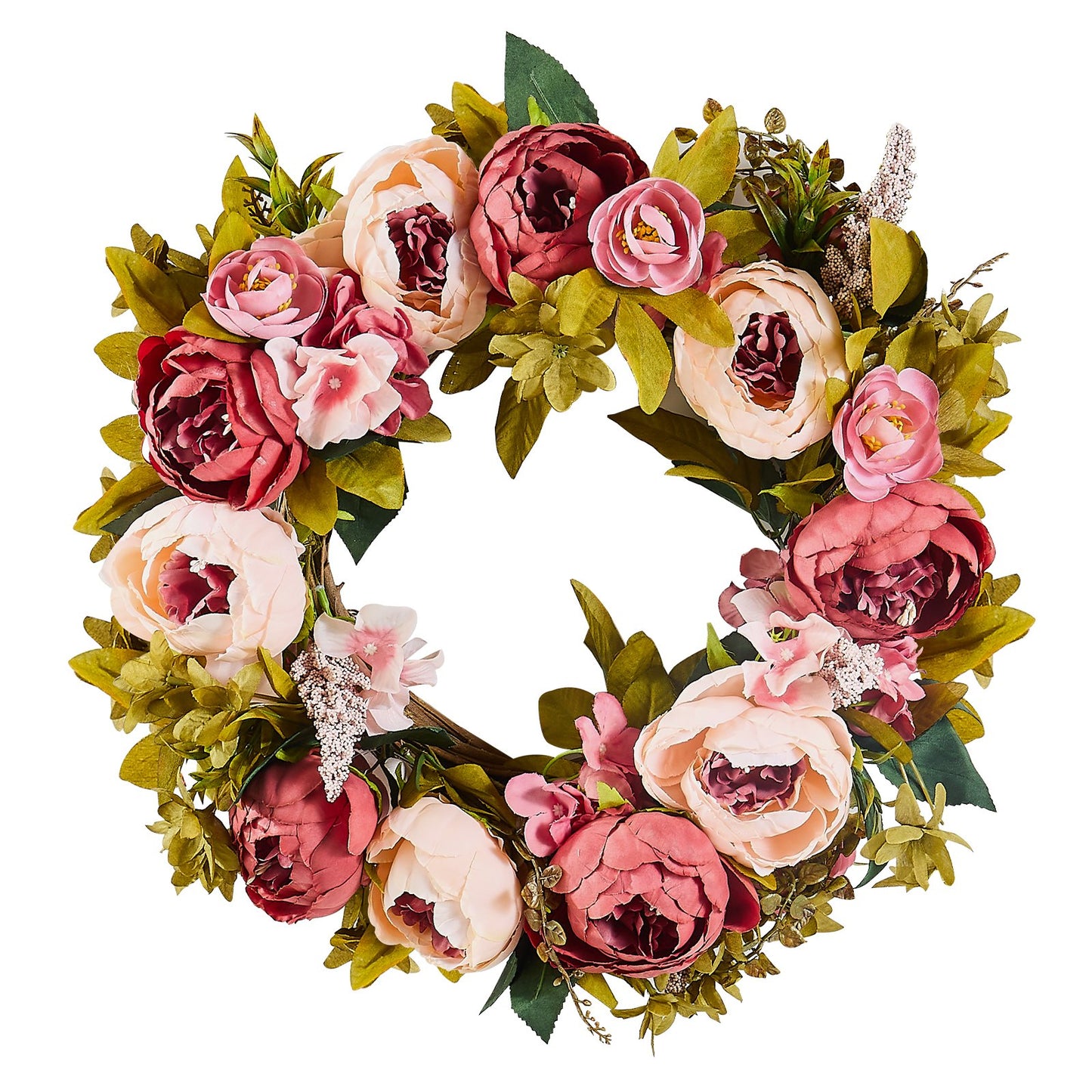 Artificial decorative wreath 19 in pink peonies hydrangeas all year round