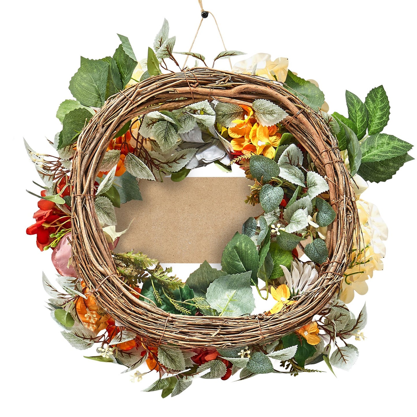 Artificial decorative wreath 24 in red orange yellow hydrangea roses