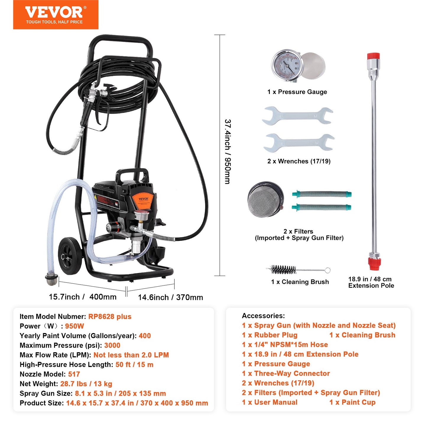 Stand Airless färgspruta, 950W 3000PSI Högeffektiv Elektrisk Airless-spruta med vagn, fin och jämn målningseffekt, färgsprutor för heminredning och exteriörmöbler och staket