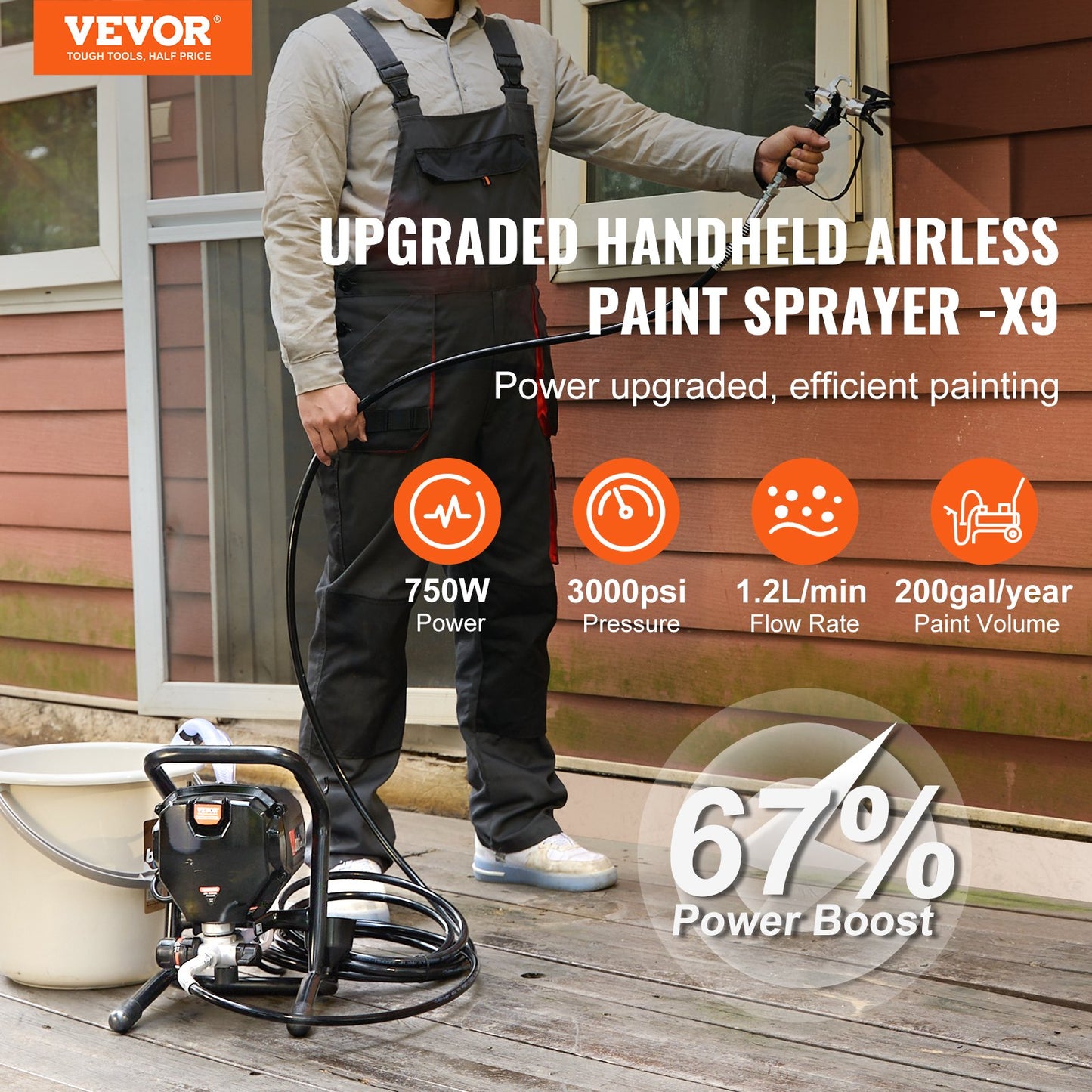 Stand Airless färgspruta, 750W 3000PSI högeffektiv elektrisk högtrycksspruta, fin och jämn målningseffekt, handhållna färgsprutor för heminredning och exteriör möbler och staket