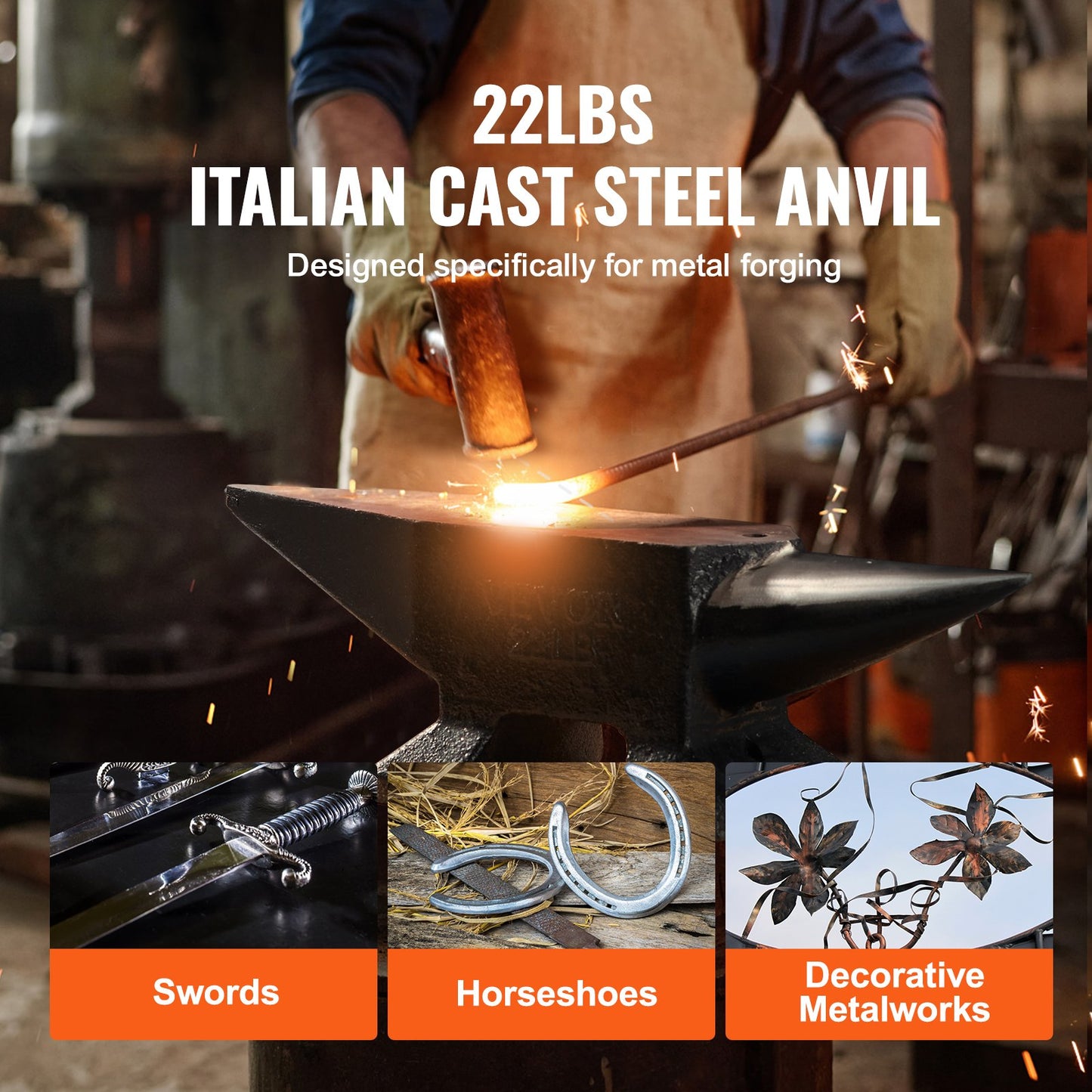 Enkelhornsstäd, 22 pund gjutstålstäd, robust rundhornsstäd med hög hårdhet, stor bänkskiva och stabil bas, med runt och fyrkantigt hål, metallsmedsverktyg för bockning och formning